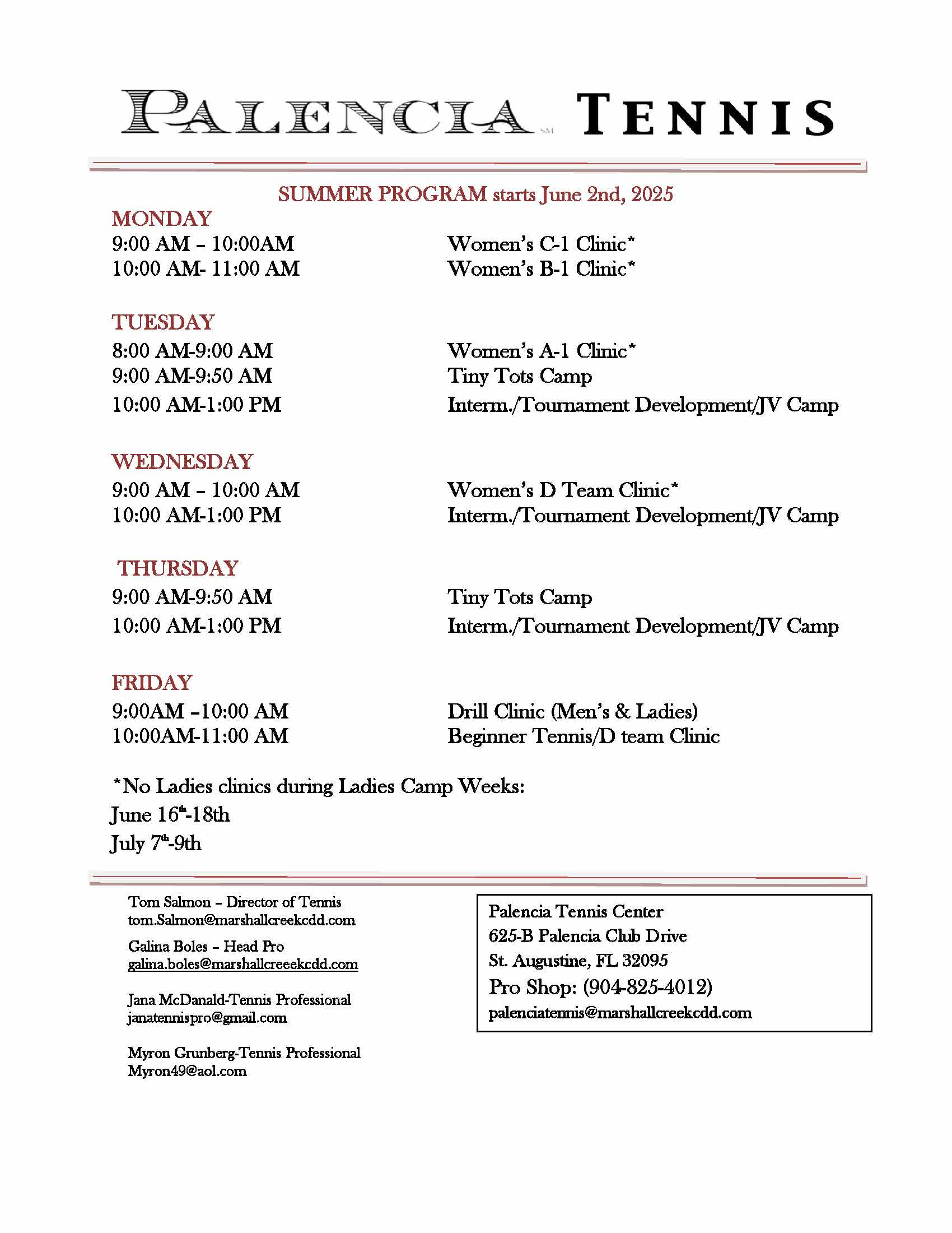 Schedule summer 2025