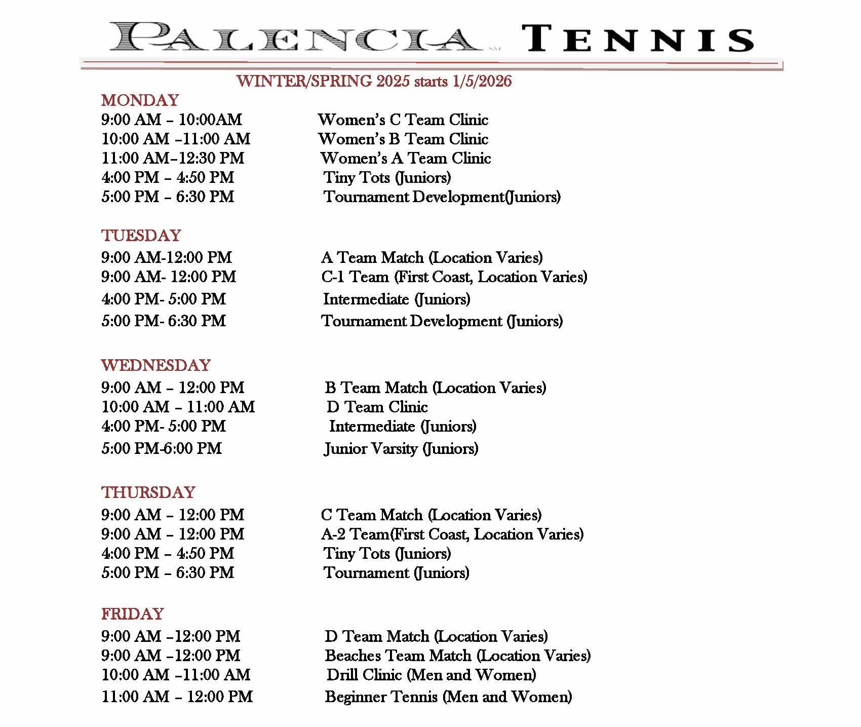 Schedule Spring 2026